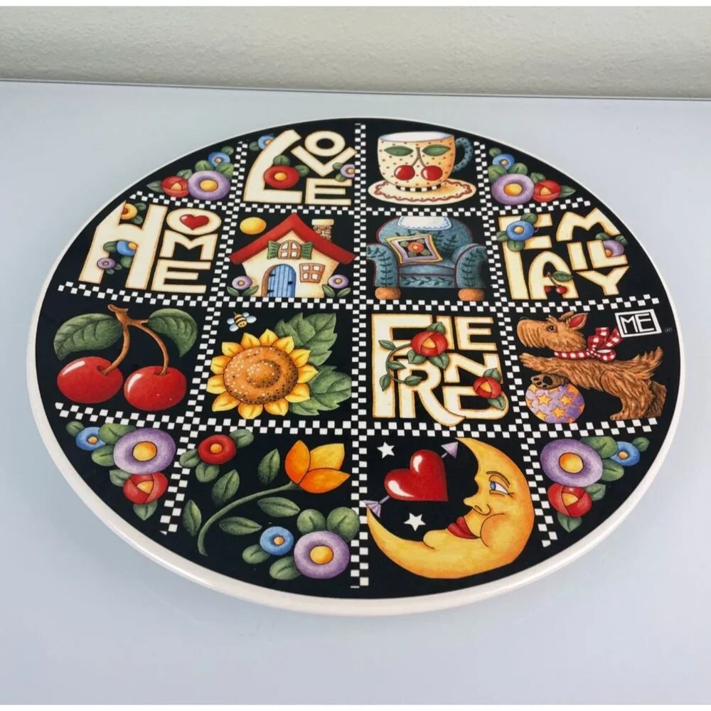 VTG 2000 Santa Barbara Ceramic Design Mary Engelbreit USA Black Platter Floral